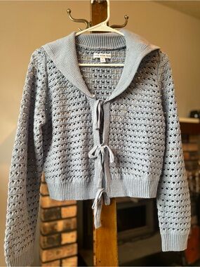 And Now This Light Blue Open-Knit Tie-Front Sweater Cardigan
